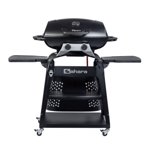 Front view of Sahara gas grill with side shelves
