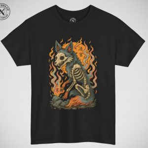 Black T-shirt with skeleton wolf design.